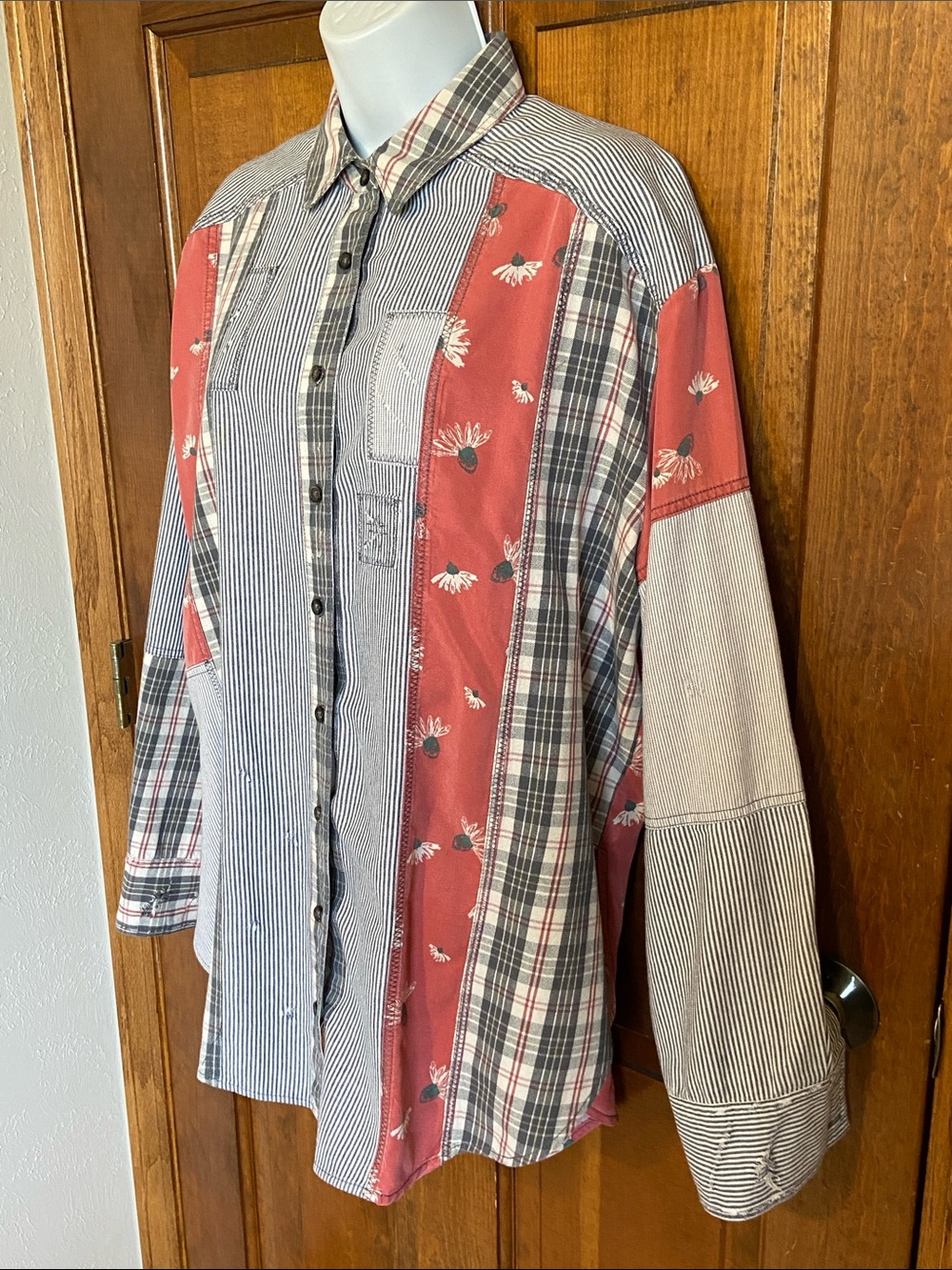 Free People “All Patched Up” Full button Down Distress OS Size Medium - Picture 5 of 11